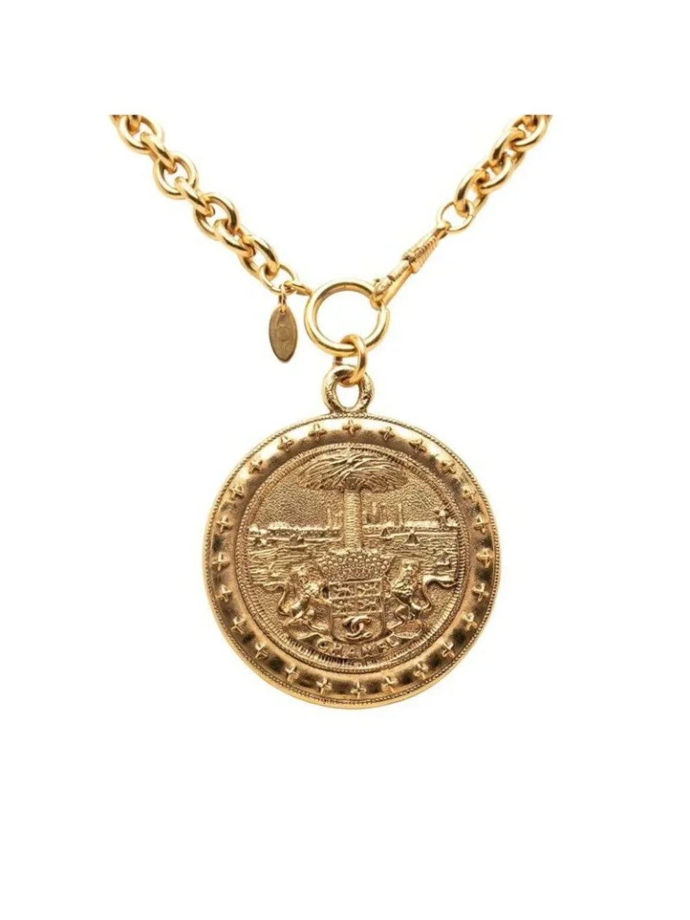 Chanel CC Logo Palm Tree Lion Medal Chain Pendant Gold Plated